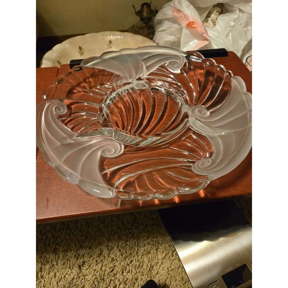 Vintage Art Deco‎ Frosted Clear Glass Shell Scroll Divided Serving Platter Tray